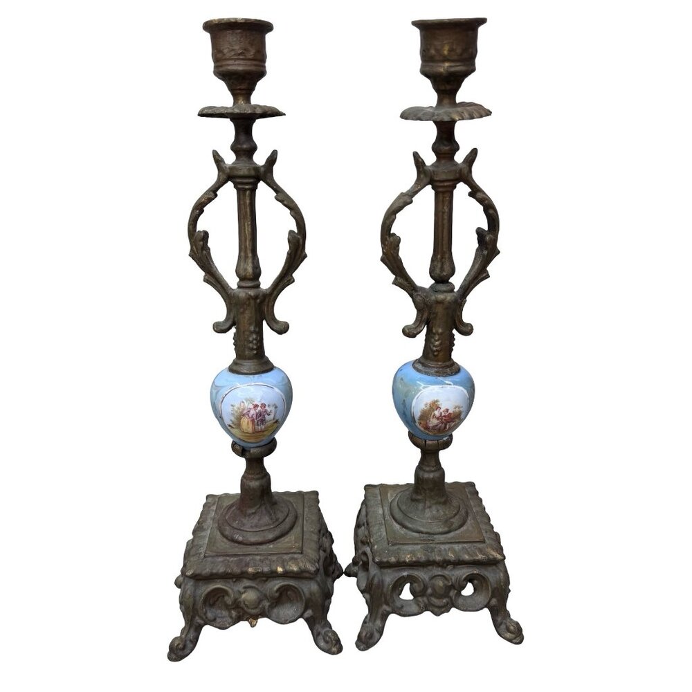 Antique 13" Sevres ? Brass Candlesticks Porcelain Candle Holder Courting Couple